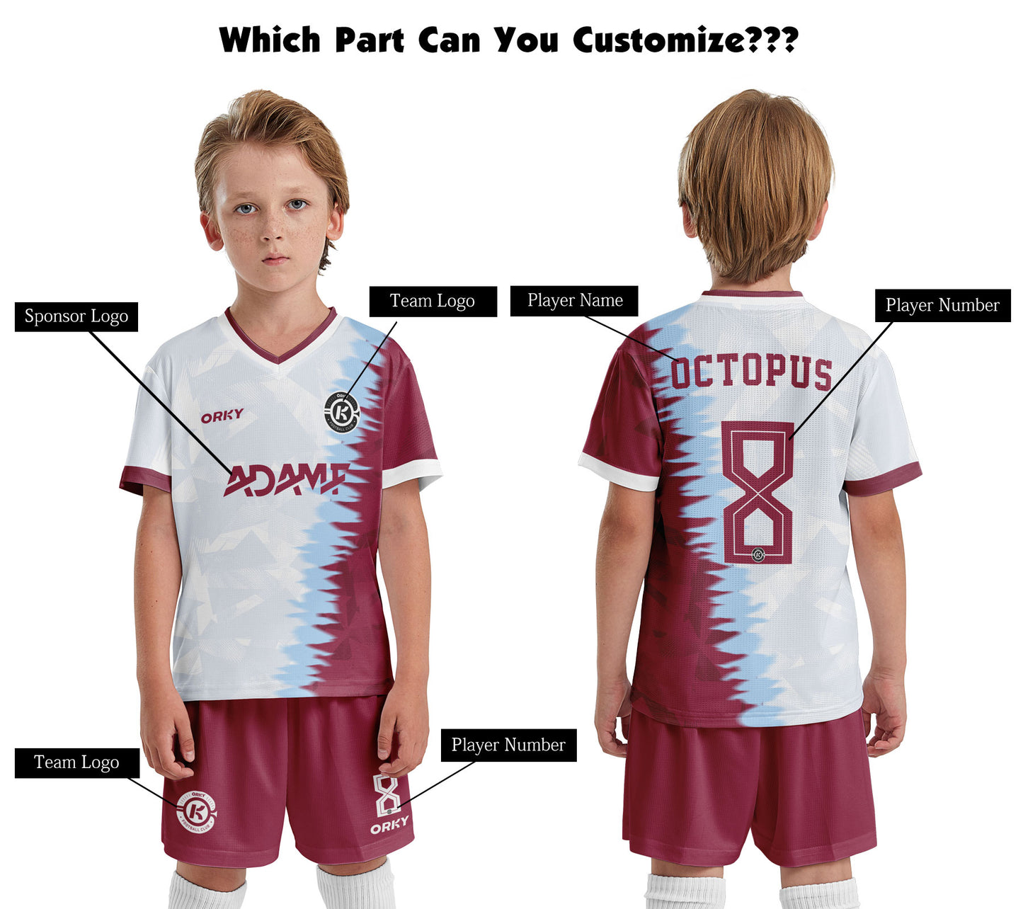 ORKY Boys Soccer Shirt with Short Personalize Name Number Girls Team Uniform Rock White