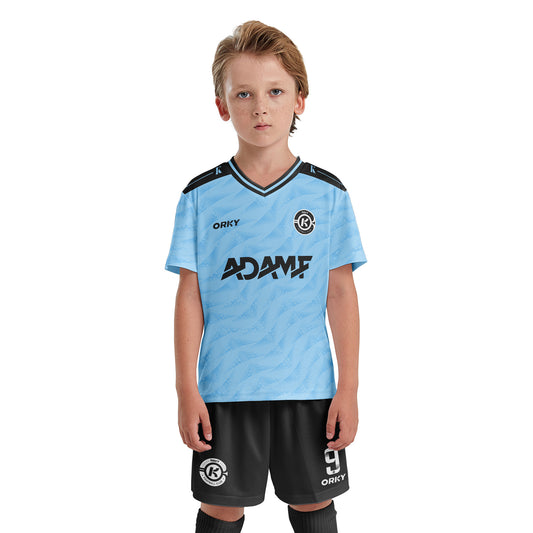 ORKY Youth Soccer Jersey with Short Customize Name Kids Blue Football Uniform