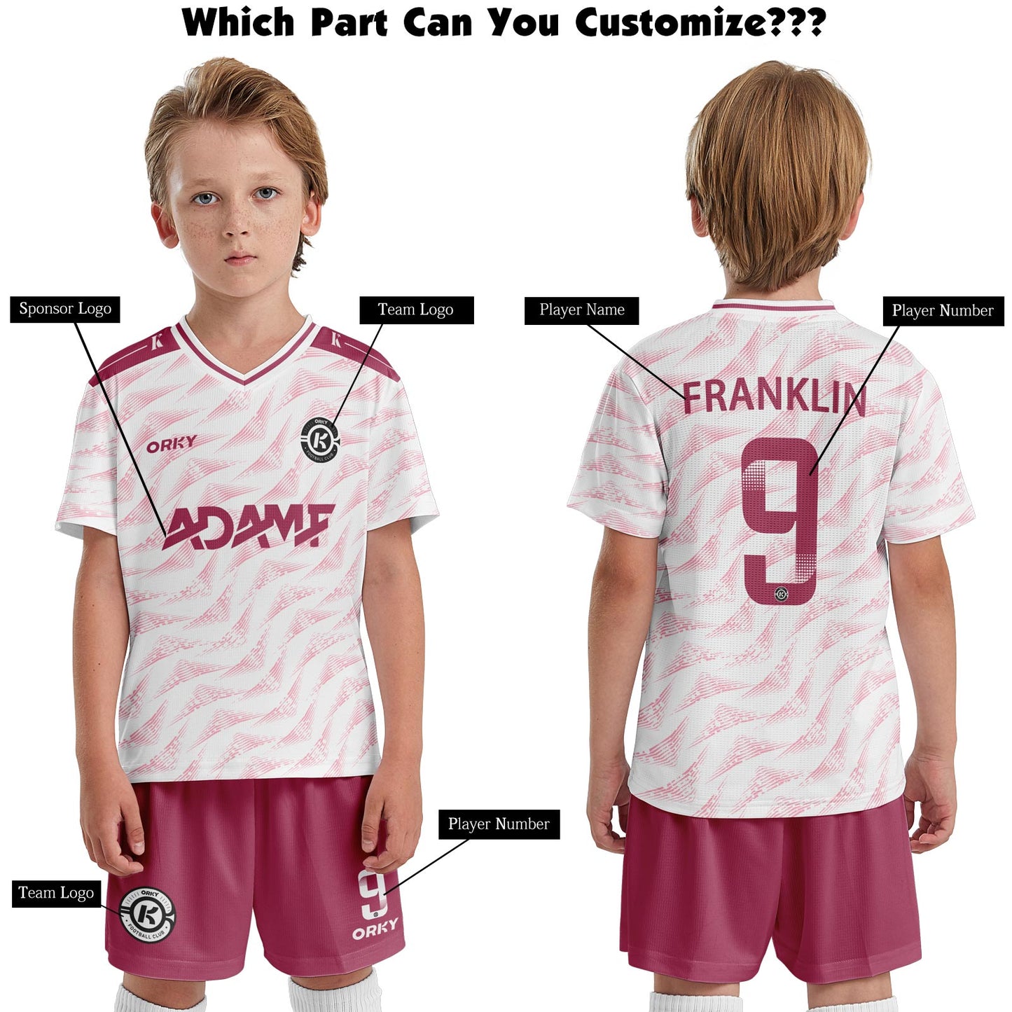 ORKY Soccer Jersey with Short Customize Name Kids White Football Uniform