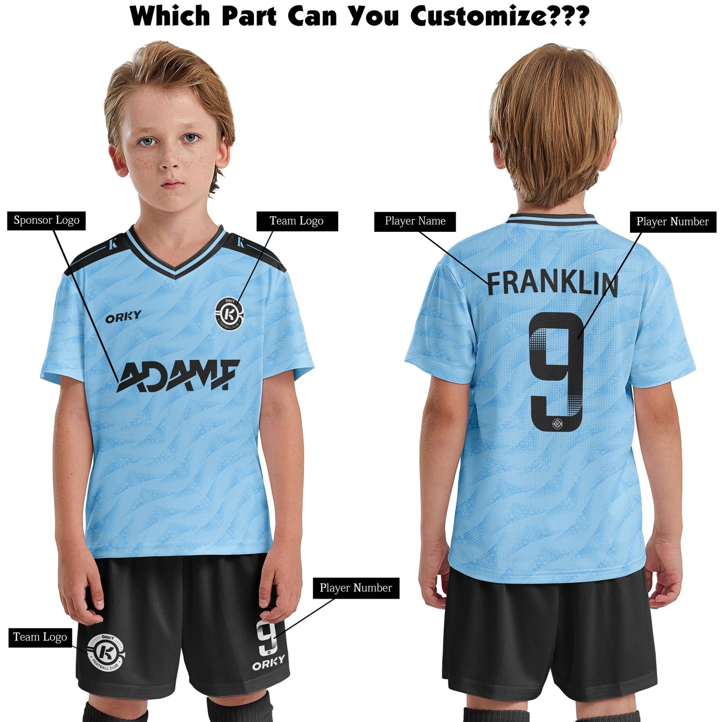 ORKY Youth Soccer Jersey with Short Customize Name Kids Blue Football Uniform