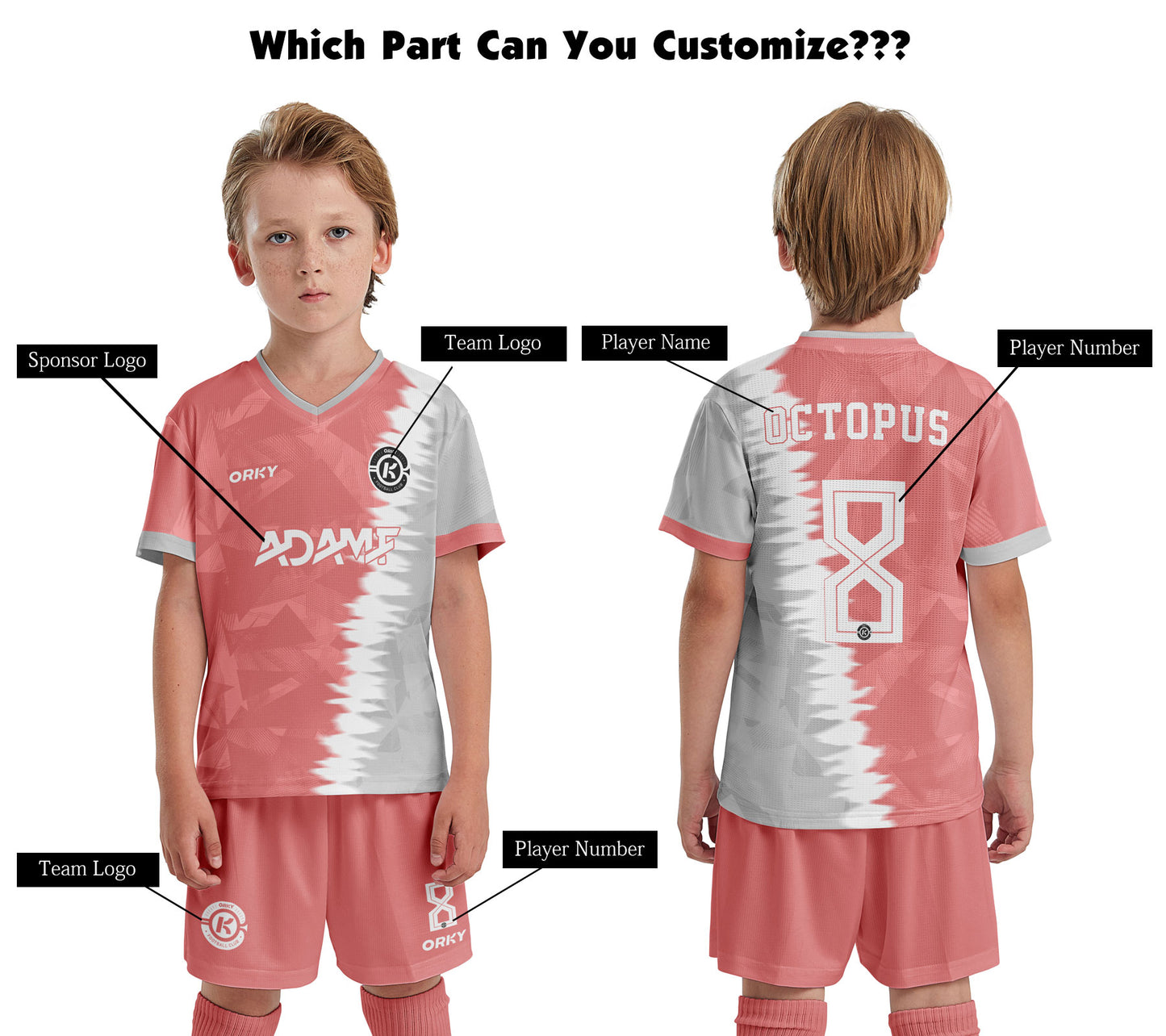 ORKY Kids Custom Soccer Shirt with Short Personalize Name Number Youth Team Uniform Rock Pink