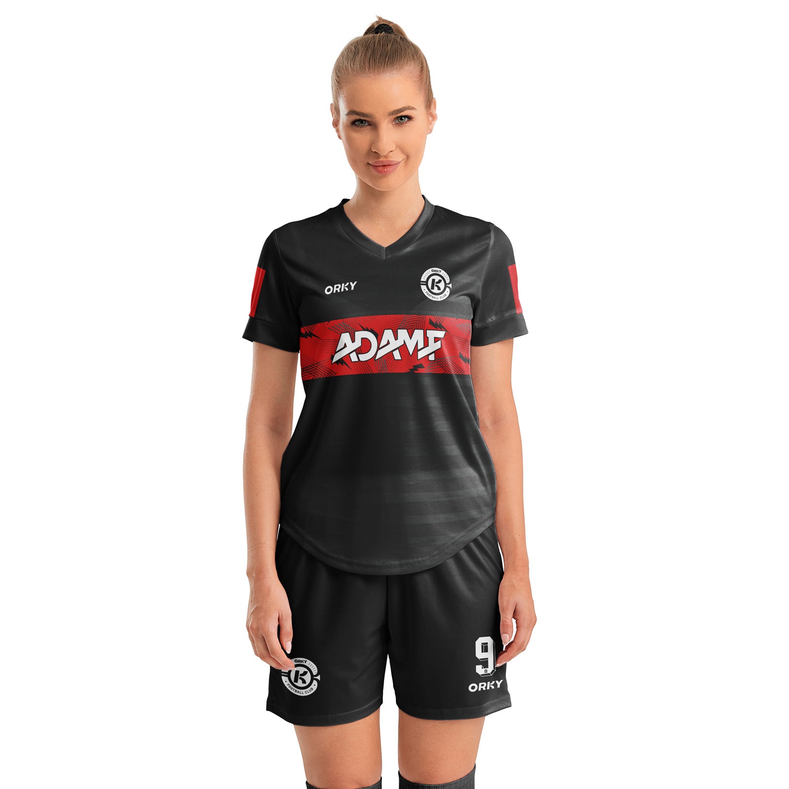 ORKY Women Soccer Shirt Short Customize Name Number Match Uniform Windward Black Red Main image