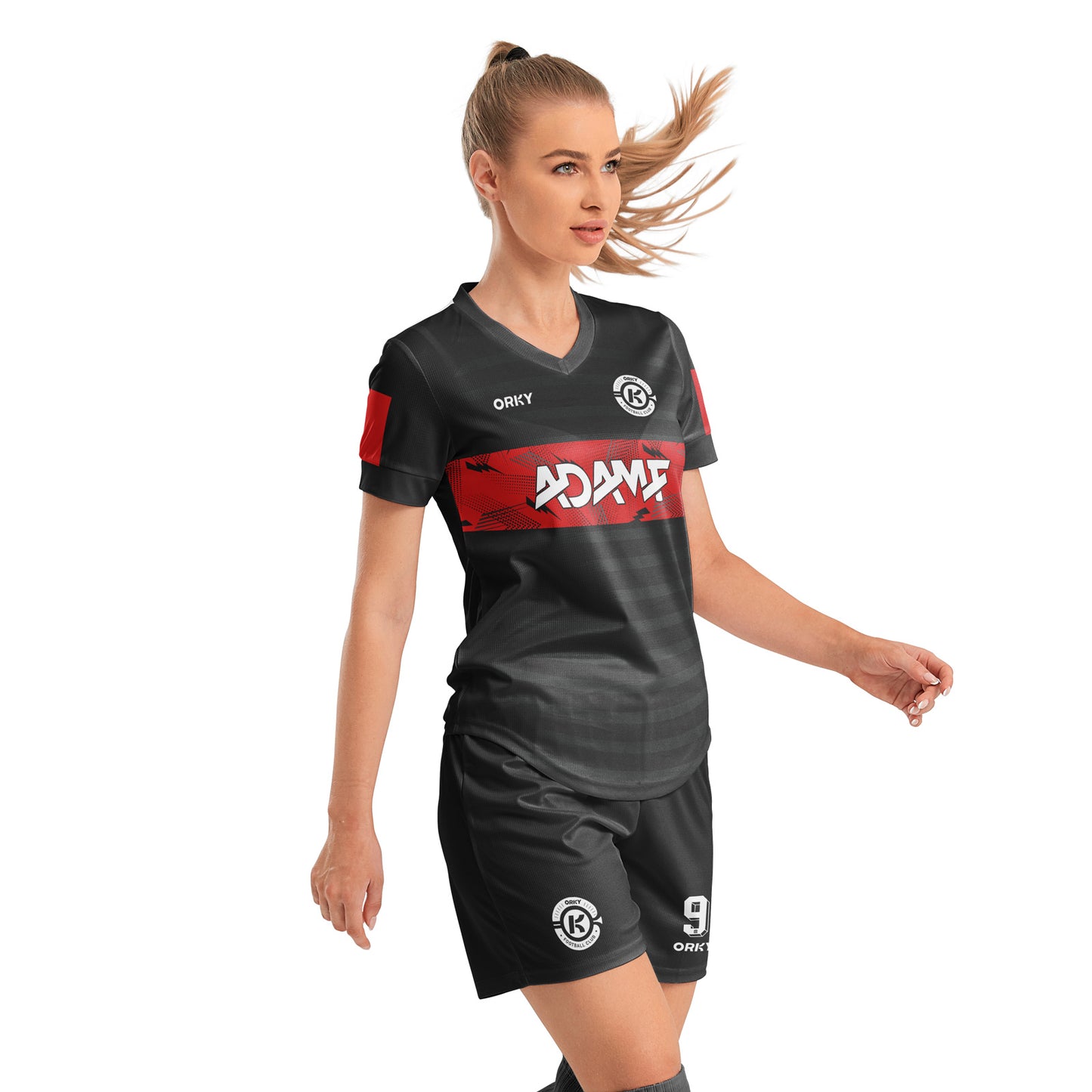 ORKY Women Soccer Shirt Short Customize Name Number Match Uniform Windward Black Red