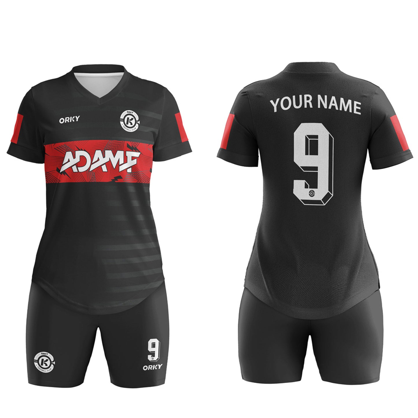 ORKY Women Soccer Shirt Short Customize Name Number Match Uniform Windward Black Red