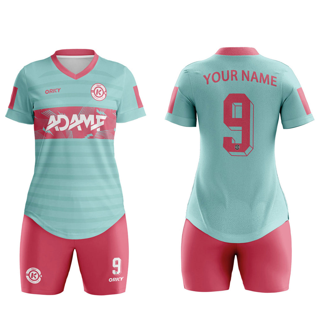 ORKY Women Soccer Shirt Short Customize Name Number Match Uniform Windward Pink