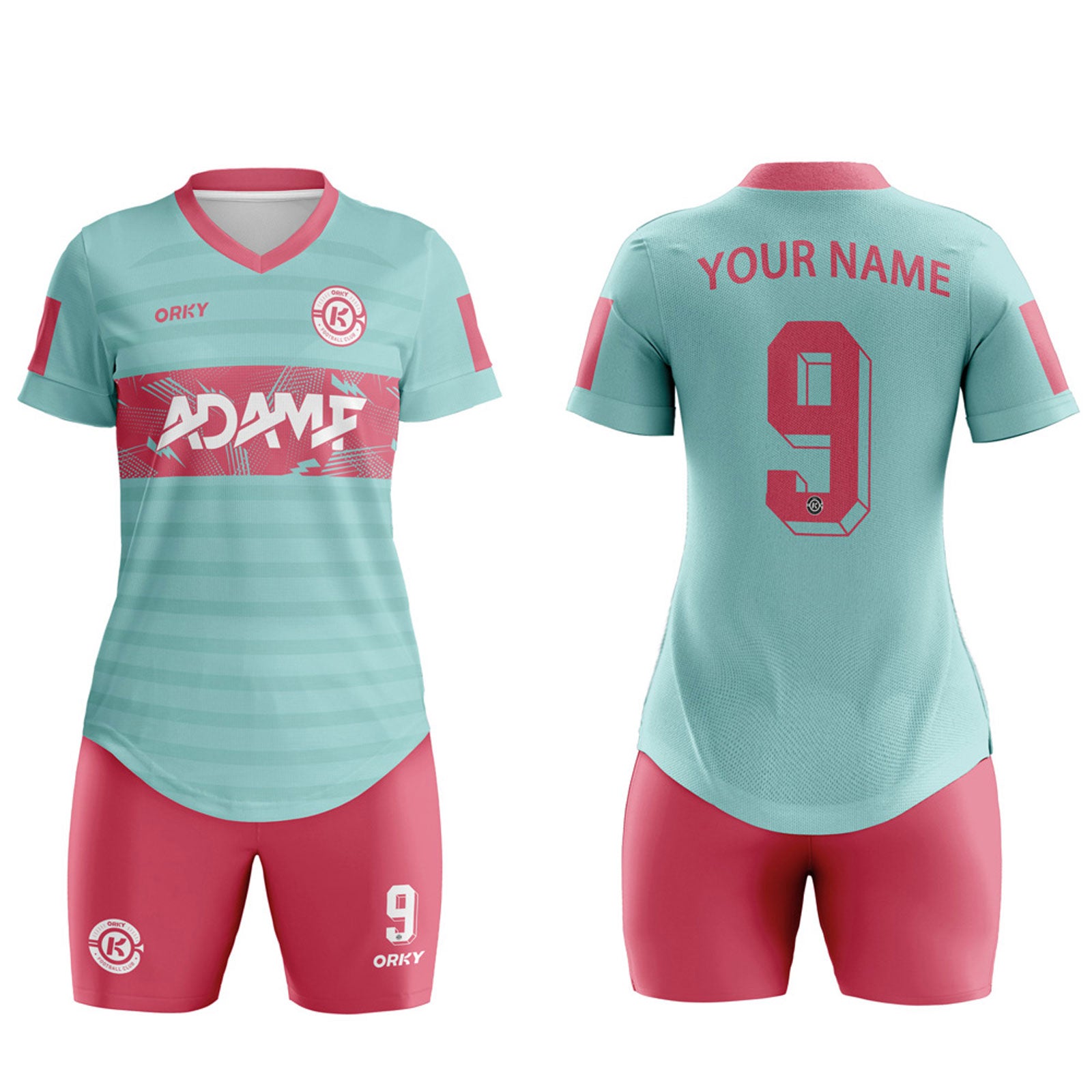 ORKY Women Soccer Shirt Short Customize Name Number Match Uniform Windward Pink