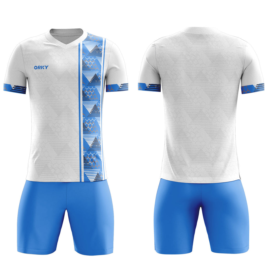 ORKY Comfortable Soccer Uniforms Honeycomb Blue And White Vertical Three-Seven