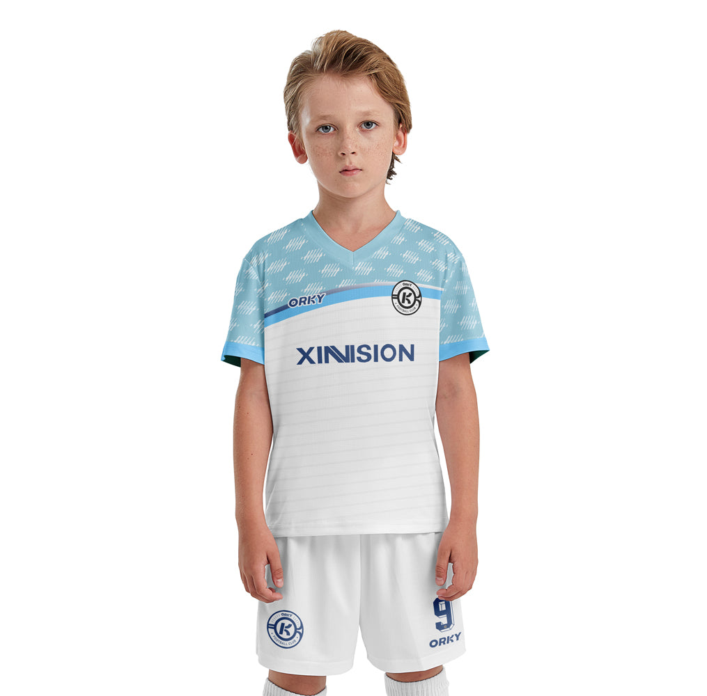 ORKY Kids Soccer Shirt Short Customize Name Number Boy Girl Match Uniform Freeze White