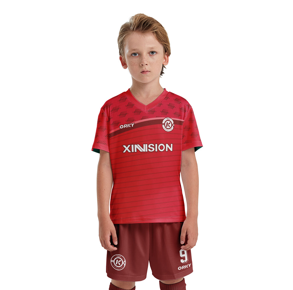 ORKY Boys Soccer Jersey with Short Customize Name Girls Match Ourfit Freeze Red