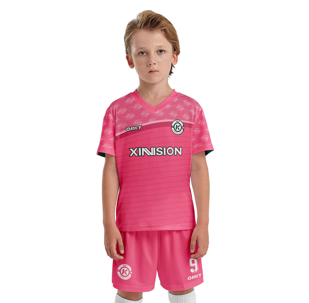 ORKY Kids Soccer Shirt Short Set Customize Name Youth Training Uniform Freeze Pink