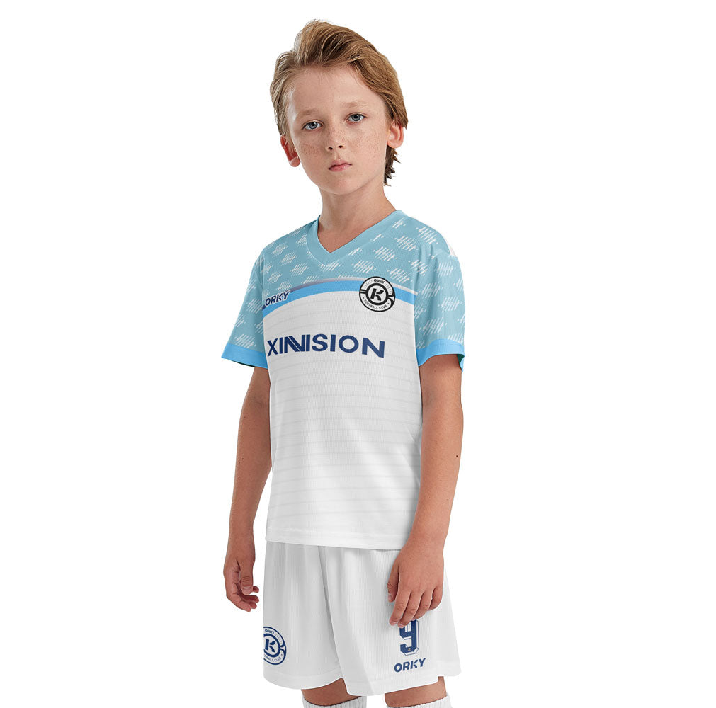 ORKY Kids Soccer Shirt Short Customize Name Number Boy Girl Match Uniform Freeze White