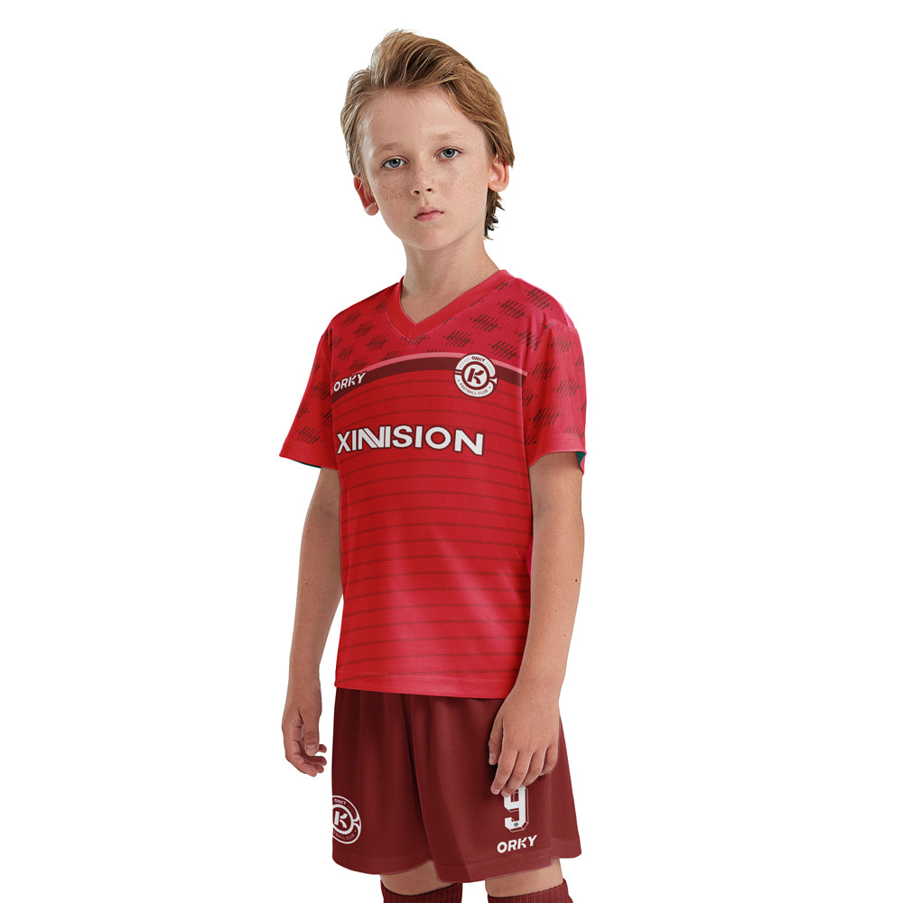 ORKY Boys Soccer Jersey with Short Customize Name Girls Match Ourfit Freeze Red