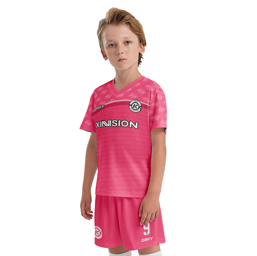 ORKY Kids Soccer Shirt Short Set Customize Name Youth Training Uniform Freeze Pink