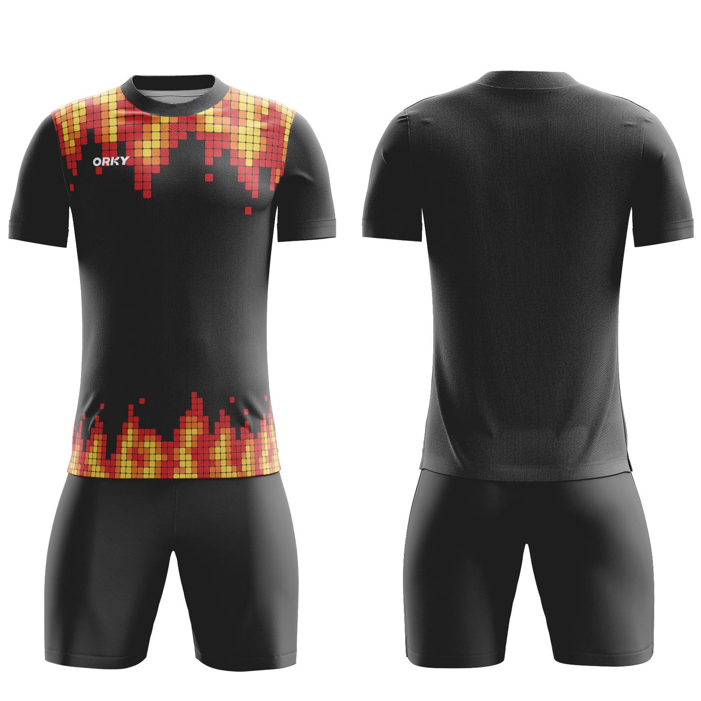 ORKY Custom Football Shirt with Short Men Kids Soccer Training Full Uniform Pixel Fire