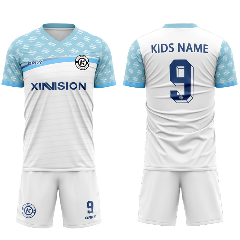 ORKY Kids Soccer Shirt Short Customize Name Number Boy Girl Match Uniform Freeze White