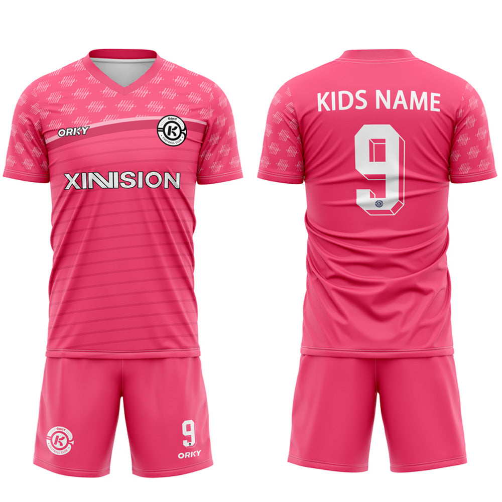 ORKY Kids Soccer Shirt Short Set Customize Name Youth Training Uniform Freeze Pink