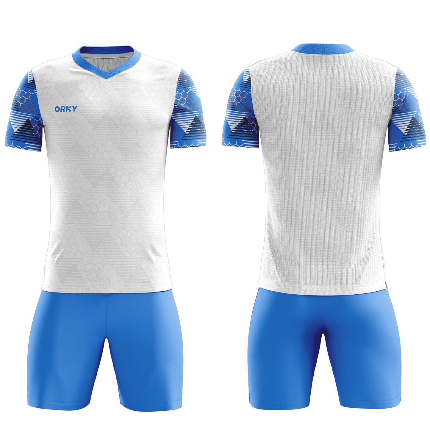 ORKY Men Football Jersey Heat Sublimation Striped Honeycomb Blue Short Sleeve